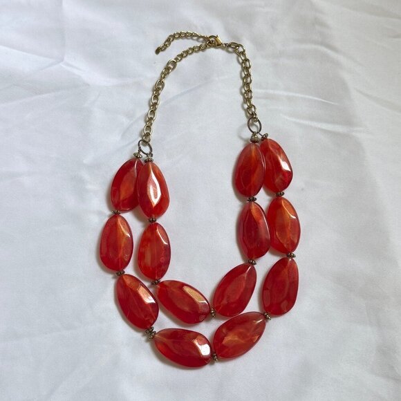 ❤️ Red Beaded Statement Necklace | 2-Strand Bold Resin Beads Gold Hardware - Picture 1 of 5